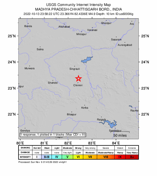 USGS DYFI community-reported intensity map for the M4.9 earthquake near 17 km NW of Baikunthpur, India
