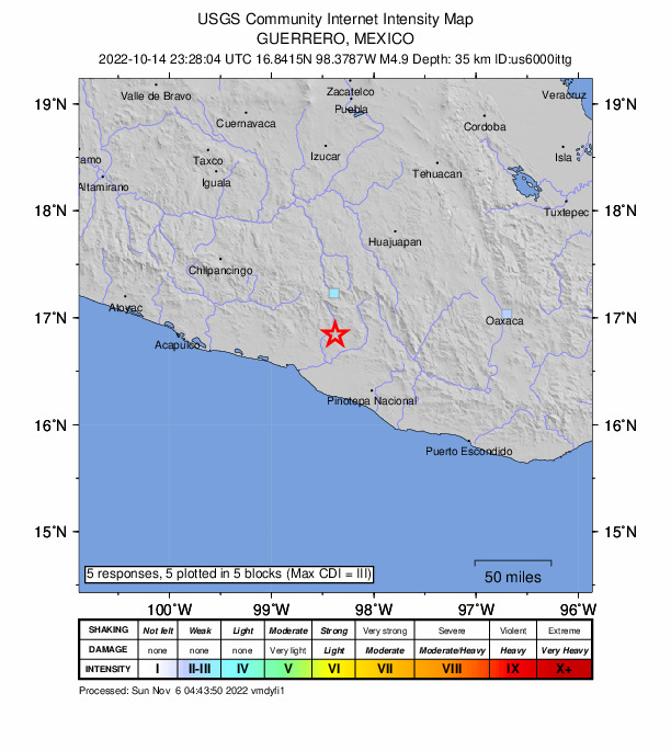 USGS DYFI community-reported intensity map for the M4.9 earthquake near 3 km NE of San Cristóbal, Mexico