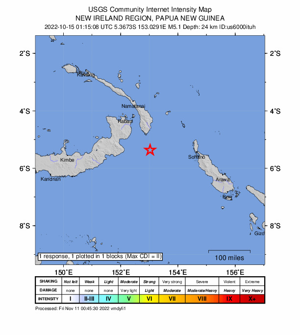 USGS DYFI community-reported intensity map for the M5.1 earthquake near New Ireland region, Papua New Guinea