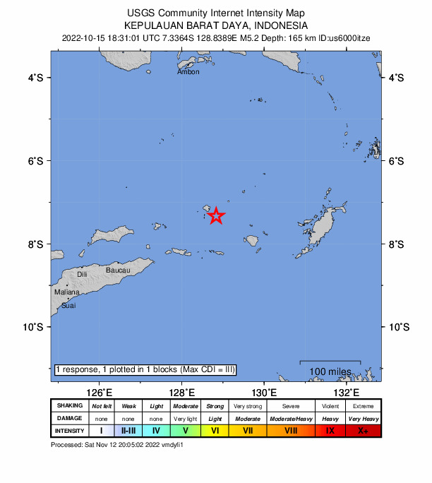 USGS DYFI community-reported intensity map for the M5.2 earthquake near 241 km ENE of Lospalos, Timor Leste