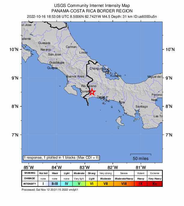 USGS DYFI community-reported intensity map for the M4.3 earthquake near 3 km WNW of Santo Domingo, Panama