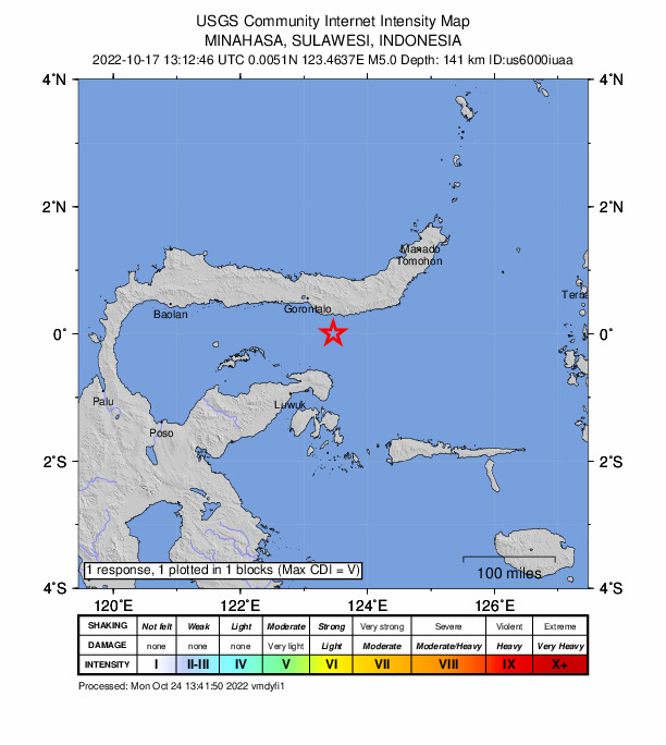 USGS DYFI community-reported intensity map for the M5.0 earthquake near 72 km SE of Gorontalo, Indonesia