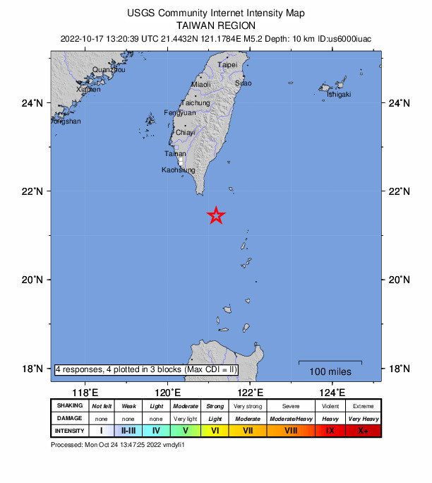 USGS DYFI community-reported intensity map for the M5.0 earthquake near 78 km SE of Hengchun, Taiwan