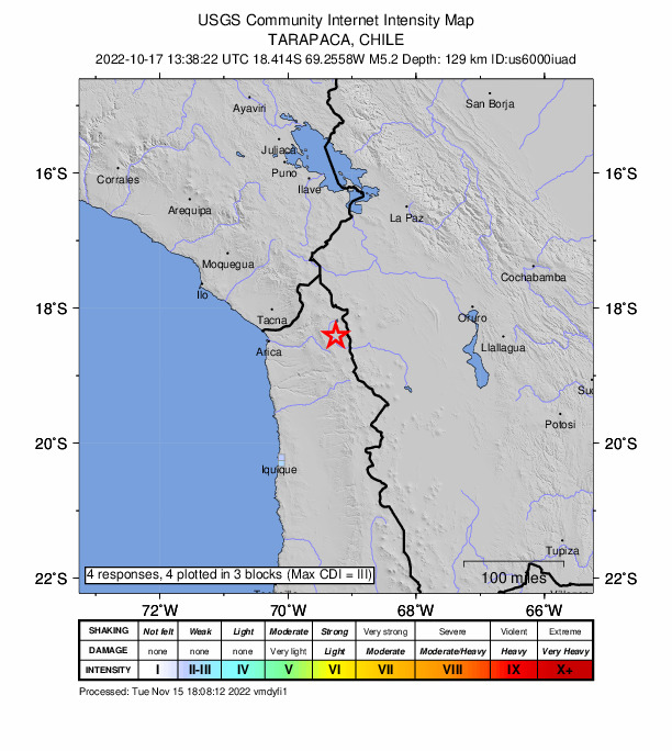 USGS DYFI community-reported intensity map for the M5.2 earthquake near Tarapaca, Chile