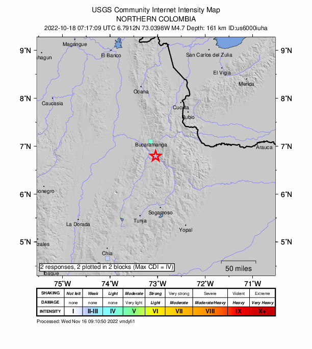 USGS DYFI community-reported intensity map for the M4.7 earthquake near 8 km WNW of Cepitá, Colombia