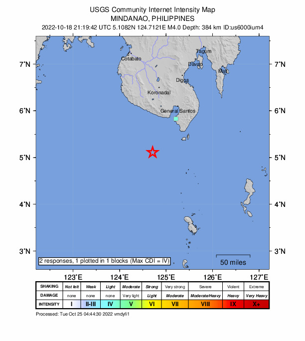 USGS DYFI community-reported intensity map for the M4.0 earthquake near Mindanao, Philippines