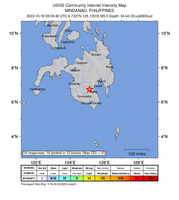 USGS DYFI community-reported intensity map for the M5.5 earthquake near 6 km SW of Magsaysay, Philippines