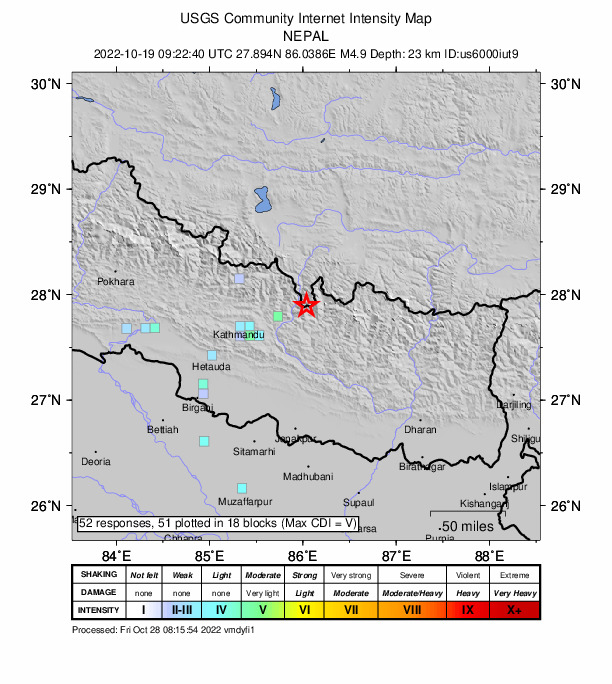USGS DYFI community-reported intensity map for the M4.9 earthquake near 10 km SE of Kod?ri??, Nepal