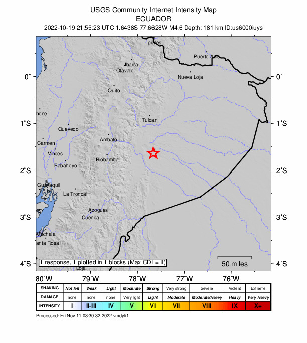 USGS DYFI community-reported intensity map for the M4.6 earthquake near 34 km E of Palora, Ecuador