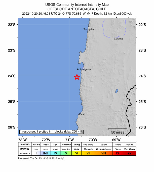 USGS DYFI community-reported intensity map for the M4.5 earthquake near 51 km SSW of Antofagasta, Chile