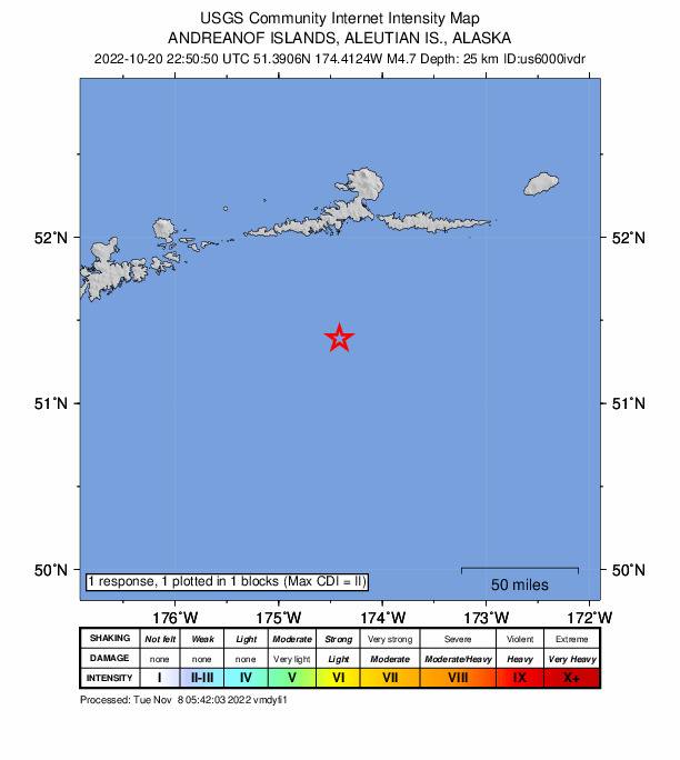 USGS DYFI community-reported intensity map for the M4.7 earthquake near Andreanof Islands, Aleutian Islands, Alaska