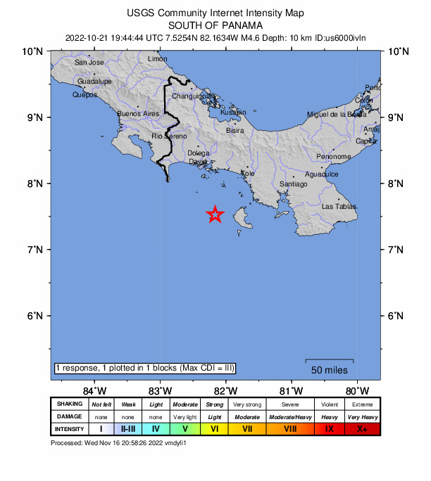 USGS DYFI community-reported intensity map for the M4.6 earthquake near 77 km S of Boca Chica, Panama