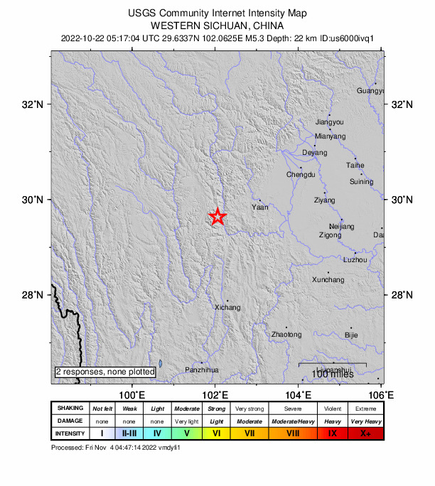 USGS DYFI community-reported intensity map for the M5.3 earthquake near 43 km SSE of Kangding, China