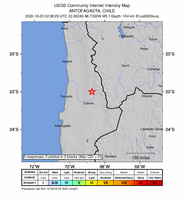 USGS DYFI community-reported intensity map for the M5.1 earthquake near Antofagasta, Chile