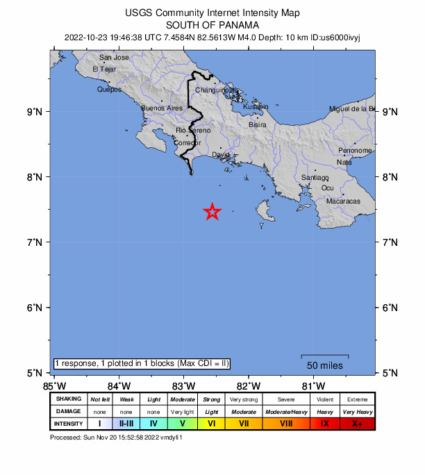 USGS DYFI community-reported intensity map for the M4.0 earthquake near 72 km SSE of Burica, Panama
