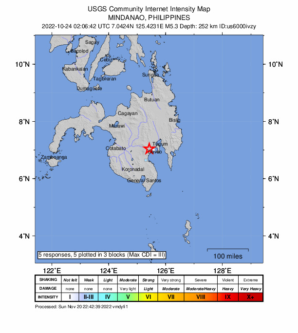 USGS DYFI community-reported intensity map for the M5.3 earthquake near Mindanao, Philippines