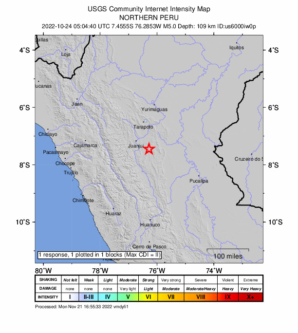 USGS DYFI community-reported intensity map for the M5.0 earthquake near 51 km SE of Pajarillo, Peru