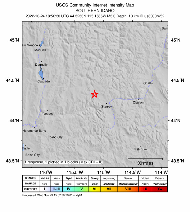 USGS DYFI community-reported intensity map for the M3.0 earthquake near southern Idaho