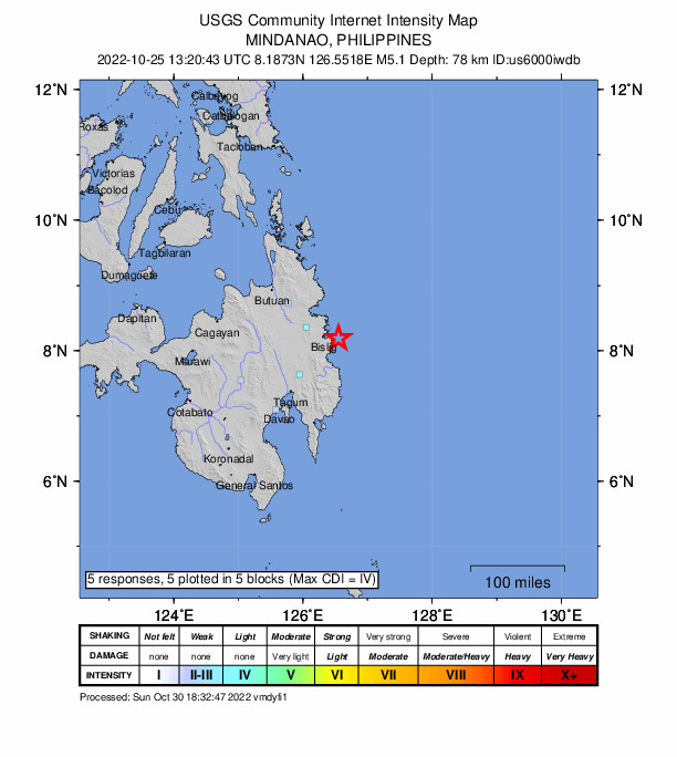 USGS DYFI community-reported intensity map for the M5.1 earthquake near 13 km ENE of Barcelona, Philippines