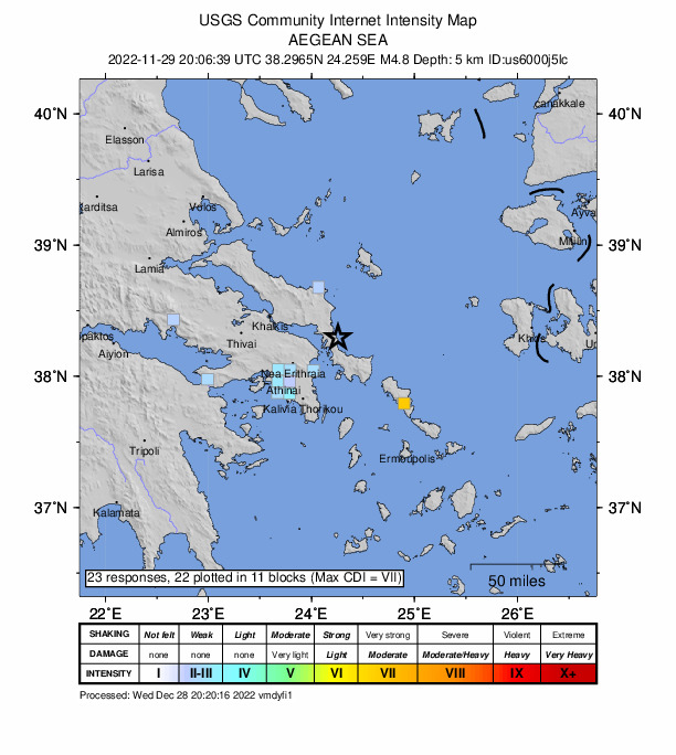 USGS DYFI community-reported intensity map for the M4.8 earthquake near 13 km NNE of Néa Stíra, Greece