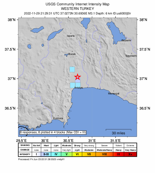 USGS DYFI community-reported intensity map for the M3.1 earthquake near 13 km N of Antalya, Turkey