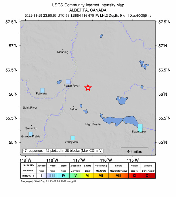 USGS DYFI community-reported intensity map for the M4.3 earthquake near 40 km ESE of Peace River, Canada