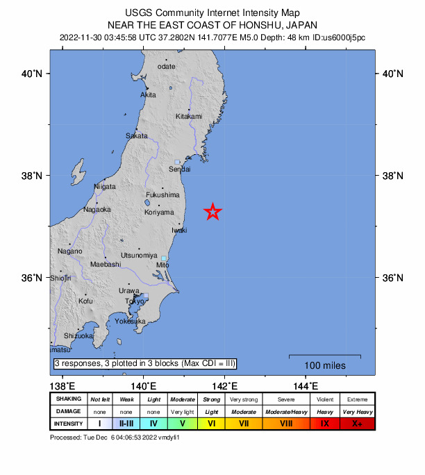 USGS DYFI community-reported intensity map for the M5.0 earthquake near 66 km ESE of Namie, Japan