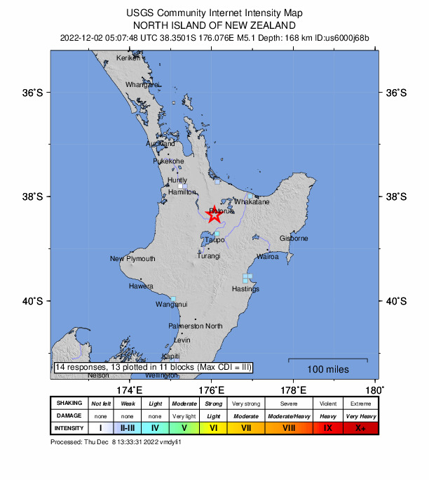 USGS DYFI community-reported intensity map for the M5.1 earthquake near 21 km ESE of Tokoroa, New Zealand