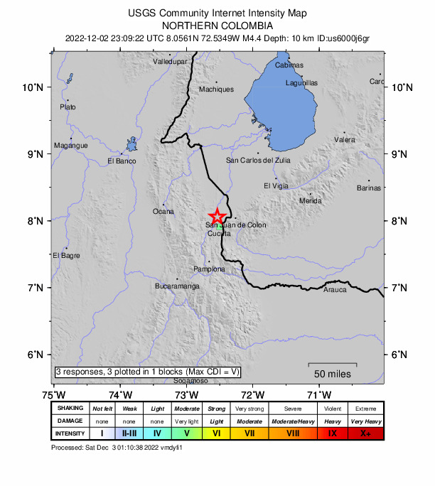 USGS DYFI community-reported intensity map for the M4.4 earthquake near 17 km SW of La Esperanza, Colombia