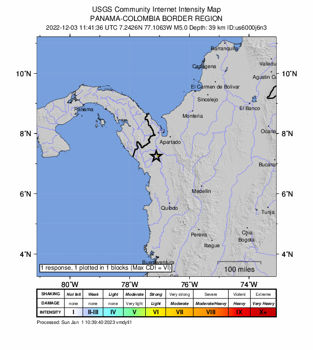 USGS DYFI community-reported intensity map for the M4.7 earthquake near 22 km S of Riosucio, Colombia
