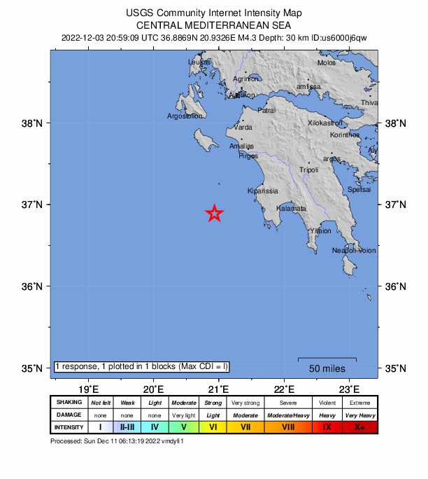 USGS DYFI community-reported intensity map for the M4.3 earthquake near central Mediterranean Sea