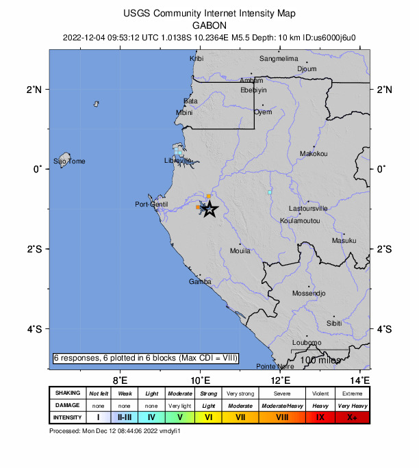 USGS DYFI community-reported intensity map for the M5.5 earthquake near 34 km S of Lambaréné, Gabon