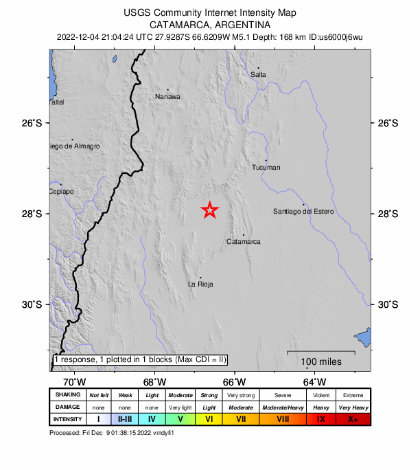 USGS DYFI community-reported intensity map for the M5.0 earthquake near 48 km SW of Andalgalá, Argentina