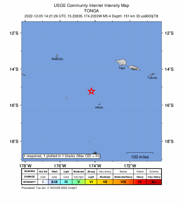 USGS DYFI community-reported intensity map for the M5.4 earthquake near 90 km NNW of Hihifo, Tonga