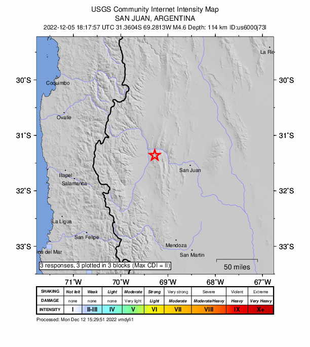USGS DYFI community-reported intensity map for the M4.6 earthquake near 13 km ESE of Calingasta, Argentina