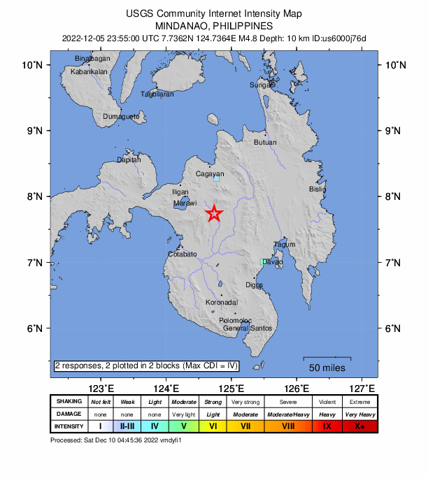 USGS DYFI community-reported intensity map for the M4.8 earthquake near Mindanao, Philippines