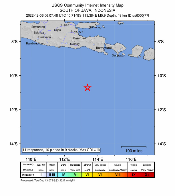 USGS DYFI community-reported intensity map for the M5.9 earthquake near 269 km S of Kencong, Indonesia