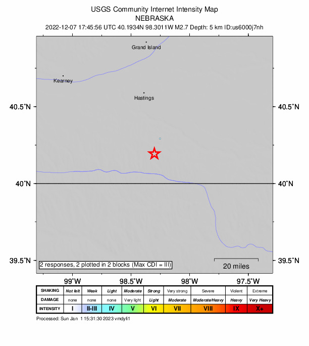 USGS DYFI community-reported intensity map for the M2.7 earthquake near 11 km SSW of Lawrence, Nebraska