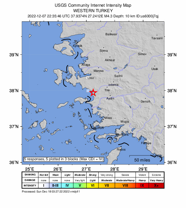 USGS DYFI community-reported intensity map for the M4.3 earthquake near 8 km N of Ku?adas?, Turkey