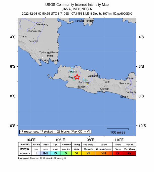 USGS DYFI community-reported intensity map for the M5.8 earthquake near 17 km NW of Ciranjang-hilir, Indonesia