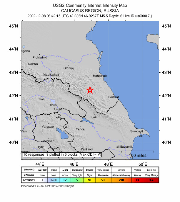 USGS DYFI community-reported intensity map for the M5.5 earthquake near 7 km E of Tsurib, Russia