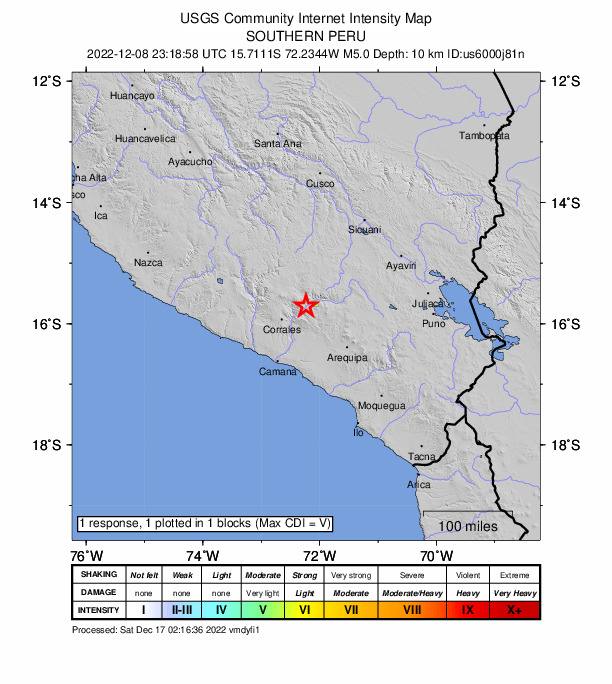 USGS DYFI community-reported intensity map for the M5.0 earthquake near 5 km ESE of Ayo, Peru
