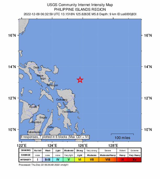 USGS DYFI community-reported intensity map for the M5.8 earthquake near 96 km NE of Cabatuan, Philippines