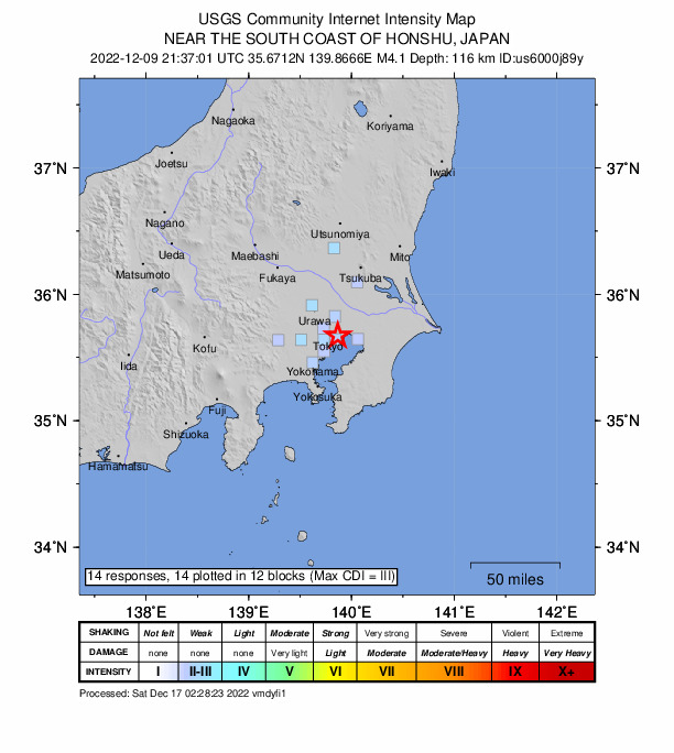 USGS DYFI community-reported intensity map for the M4.1 earthquake near near the south coast of Honshu, Japan