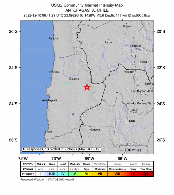 USGS DYFI community-reported intensity map for the M5.6 earthquake near 20 km SSE of San Pedro de Atacama, Chile