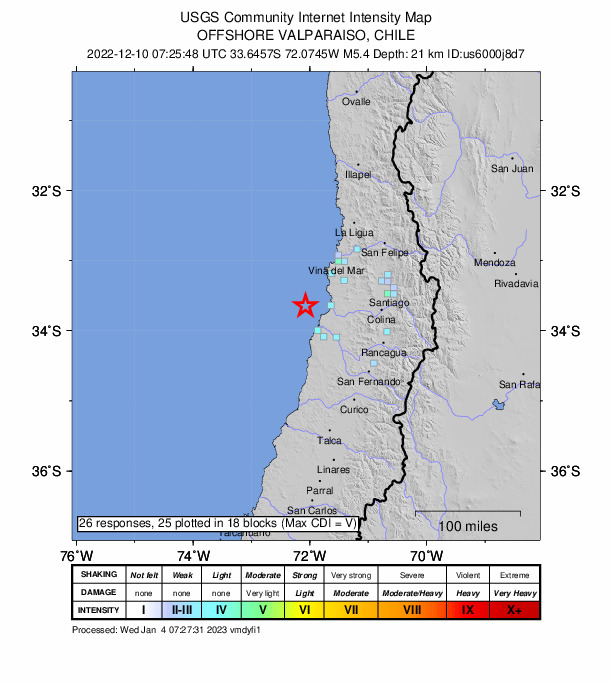 USGS DYFI community-reported intensity map for the M5.4 earthquake near Offshore Valparaiso, Chile