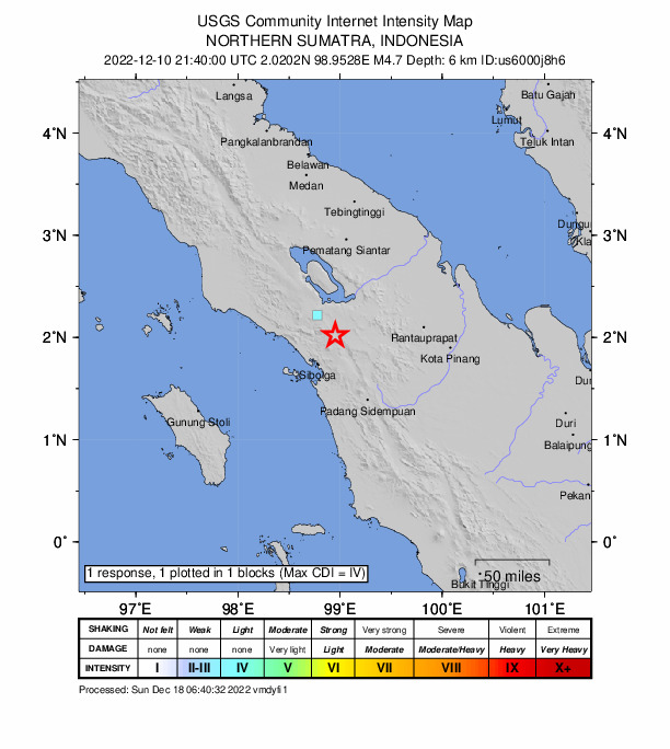 USGS DYFI community-reported intensity map for the M4.4 earthquake near northern Sumatra, Indonesia