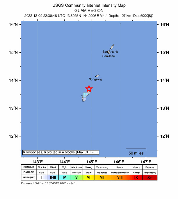 USGS DYFI community-reported intensity map for the M4.4 earthquake near Guam region