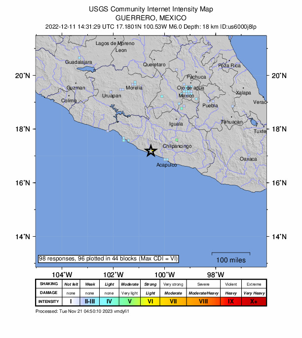 USGS DYFI community-reported intensity map for the M6.0 earthquake near 7 km W of Corral Falso, Mexico