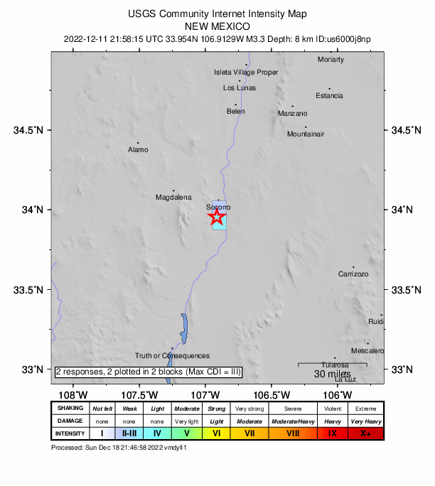 USGS DYFI community-reported intensity map for the M3.3 earthquake near 4 km SSW of Luis Lopez, New Mexico